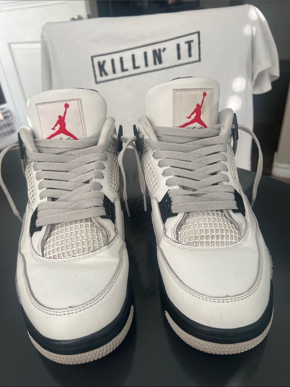 Jordan CEMENT 4s (lace swap) White Black Sneakers with Red Jumpman